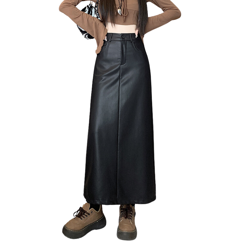 Chân Váy Da pu Dài Lưng Cao Xẻ Tà Thời Trang vintage.png