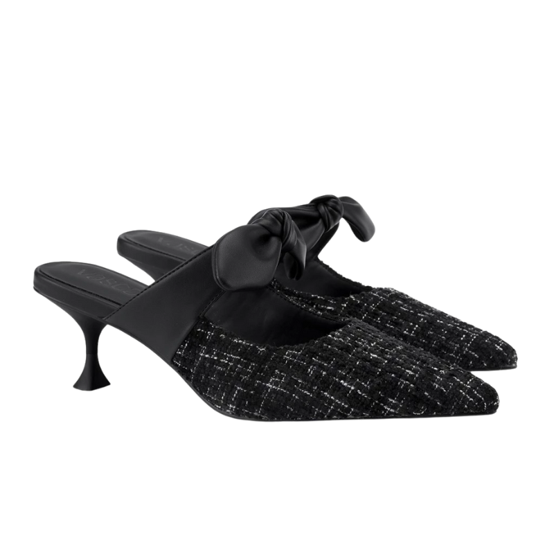 Guốc Mules Phối Vải Tweed Vascara Thắt Nơ