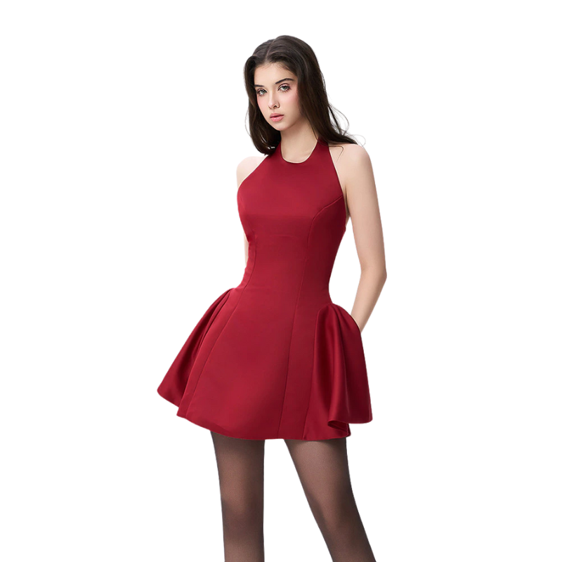 RECHIC Đầm ngắn Larissa cổ yếm hở lưng tà xòe sang trọng cá tính
